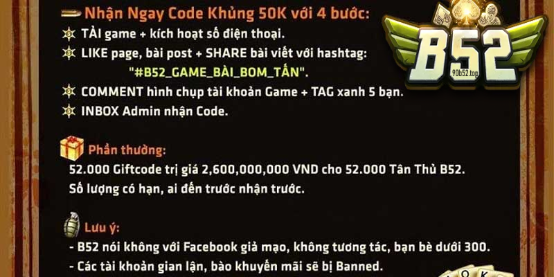 Nhận 52.000 Giftcode B52 Club miễn phí để thử nghiệm trải nghiệm cá cược