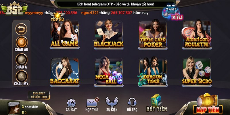 Những sảnh game bài hấp dẫn tại Casino B52